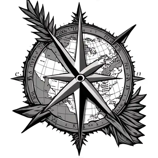 long stylish arrow with a compass at the bottom, in the compass the maps of Spain and the US, and the arrow pointing sou tattoo design idea