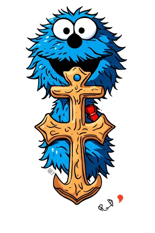 Cookie Monster with an anchor cross tattoo design idea
