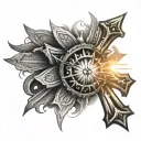 cross with sun ray and crown tattoo design idea