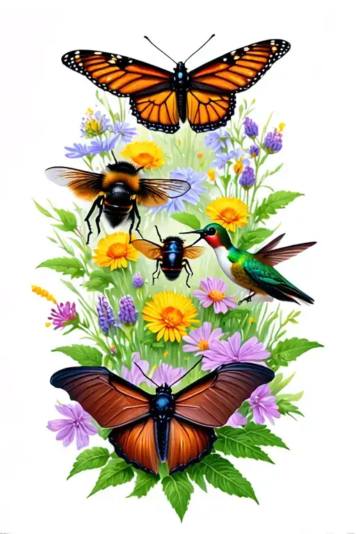bumblebee, moth, monarch butterfly, brown bat, black beetle, & hummingbird with wildflowers in background tattoo design idea