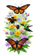 bumblebee, moth, monarch butterfly, brown bat, black beetle, & hummingbird with wildflowers in background tattoo design idea