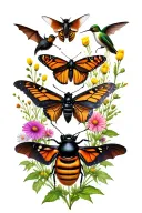 bumblebee, moth, monarch butterfly, brown bat, black beetle, & hummingbird with wildflowers in background tattoo design idea