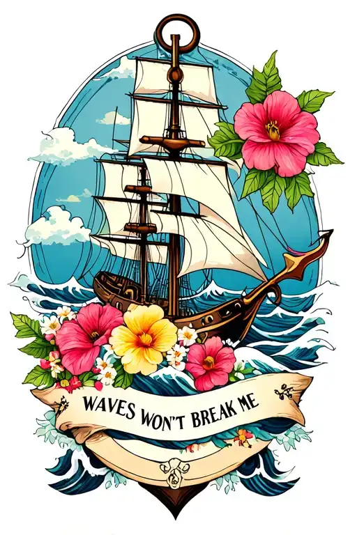 waves, ship, anchor, flowers, wine, "waves won't break me" Mother tattoo design idea