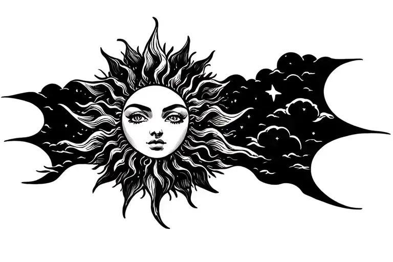 A tattoo of a sun with clouds and stars in a gothic style tattoo design idea
