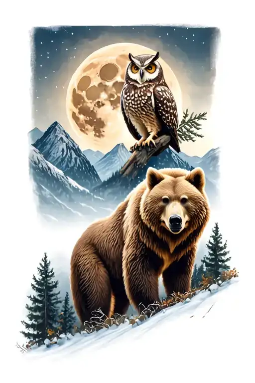 wolf, owl, and a grizzly bear with a full moon in a wooded mountains  tattoo design idea
