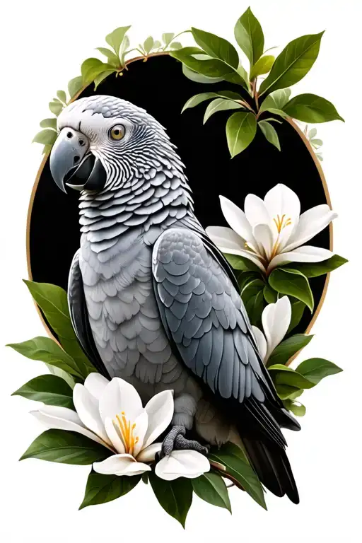 African Grey Parrot infront of magnoloa flowers growing tattoo design idea