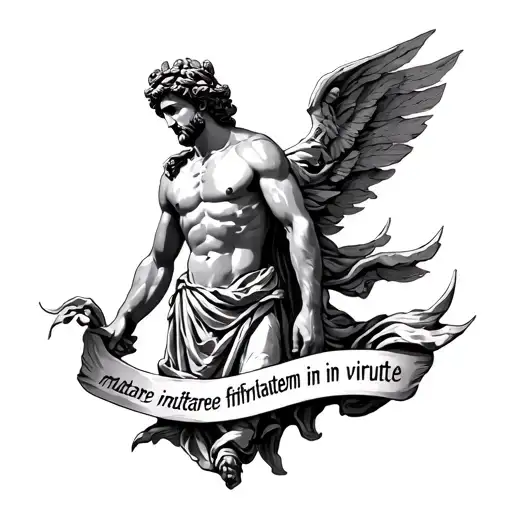 Create an outline design featuring atlas (greek god) with script "mutare infirmitatem in virtute" tattoo design idea