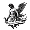 Create an outline design featuring atlas (greek god) with script "mutare infirmitatem in virtute" tattoo design idea