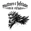 Create an outline design featuring atlas (greek god) with script "mutare infirmitatem in virtute" tattoo design idea