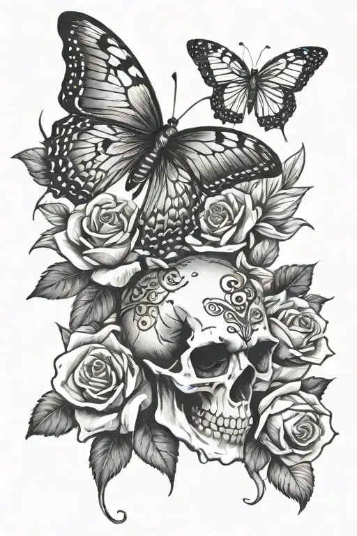 skull roses butterfly  tattoo design idea