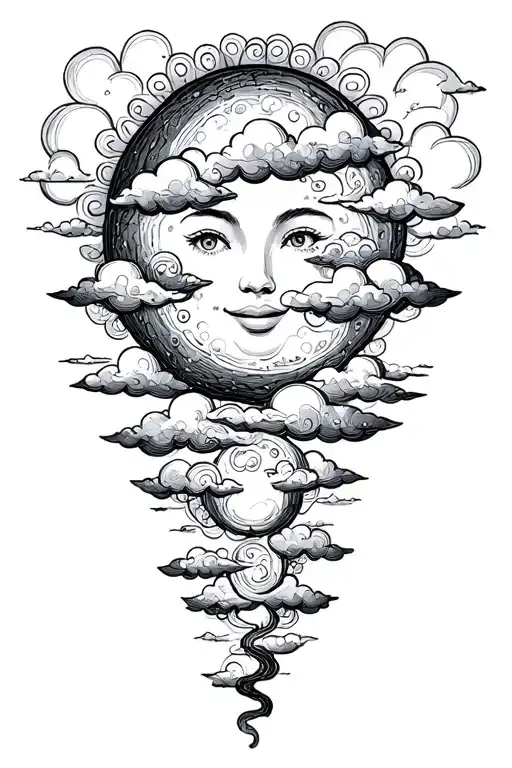 psychadelic clouds fantasy smiling moon tattoo design idea