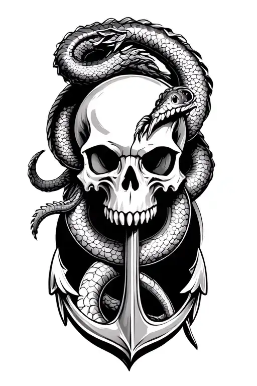 sea serpent skull and anchor intertwined tattoo design idea