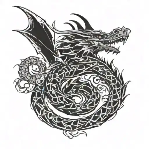 Cyber Tribal Dragon breathing fire, back wrap design inspired tattoo design idea