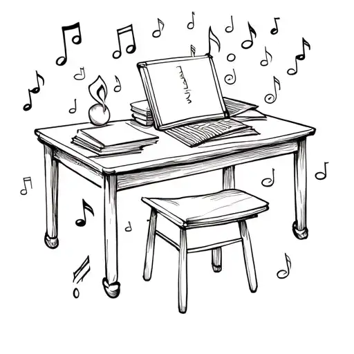A sketch style tattoo of a teacher's desk with musical notes scattered around, reflecting the client's occupation and passion for music tattoo design idea