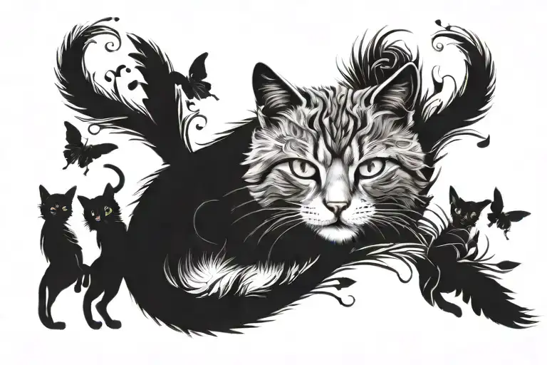 Create a tattoo image that represents rebirth. The picture should have cats. You can highlight the accents with color tattoo design idea