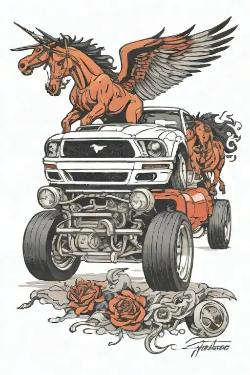 socialist realism 2006 ford mustang being worked on tattoo design idea