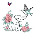 An elephant sitting, holding roses from its trunk, and a butterfly and hummingbird almost landing on the roses  tattoo design idea