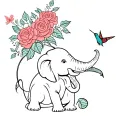 An elephant sitting, holding roses from its trunk, and a butterfly and hummingbird almost landing on the roses  tattoo design idea