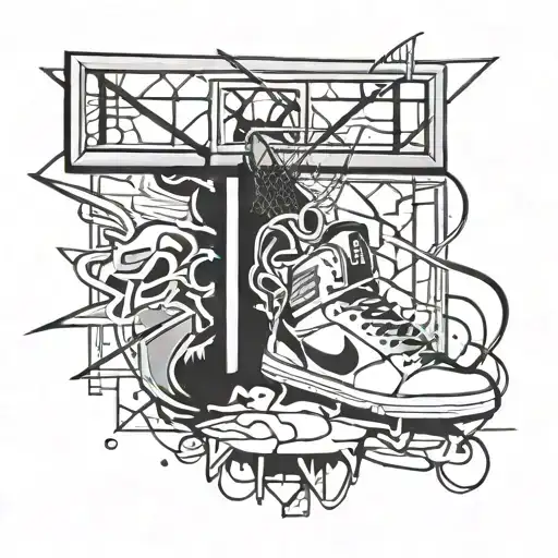 street basketball court, 90s radio, basketball shoes and graffiti tattoo design idea