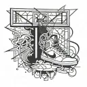 street basketball court, 90s radio, basketball shoes and graffiti tattoo design idea
