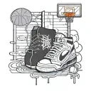 street basketball court, 90s radio, basketball shoes and graffiti tattoo design idea