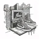 street basketball court, 90s radio, basketball shoes and graffiti tattoo design idea