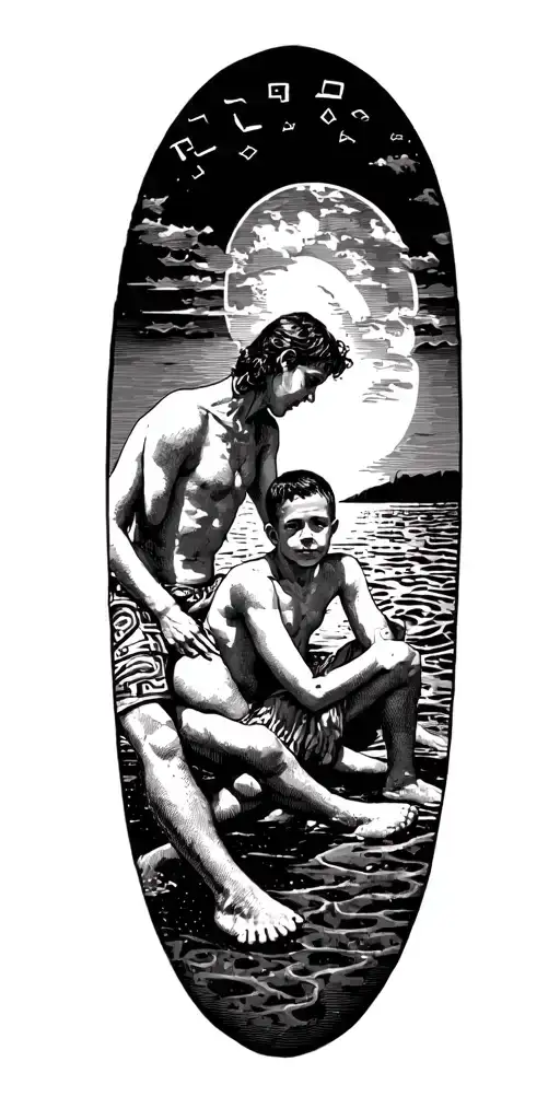 beach scene, mum two boys sitting with Greek key band cover up tattoo design idea