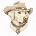 older golden female Labrador with a cowgirl hat on and collar and western theme tattoo design idea