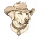 older golden female Labrador with a cowgirl hat on and collar and western theme tattoo design idea