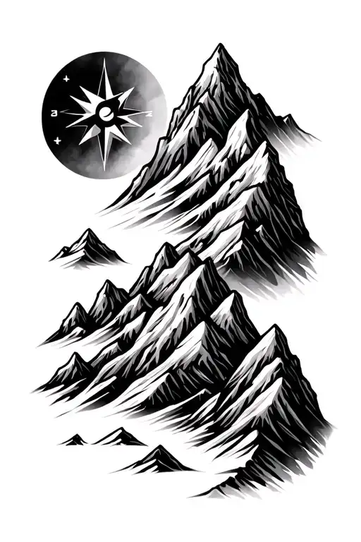 fine line mountains travel compass tattoo design idea