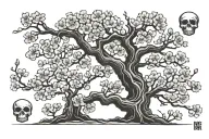 cherry blossom tree with skulls hidden and blending into trunk tattoo design idea