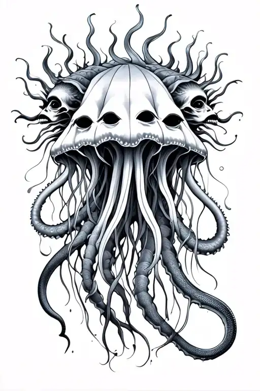 A black and white sketch of a Gorgon jellyfish with three faces and snakes instead of hair, straight lines like rays aro tattoo design idea