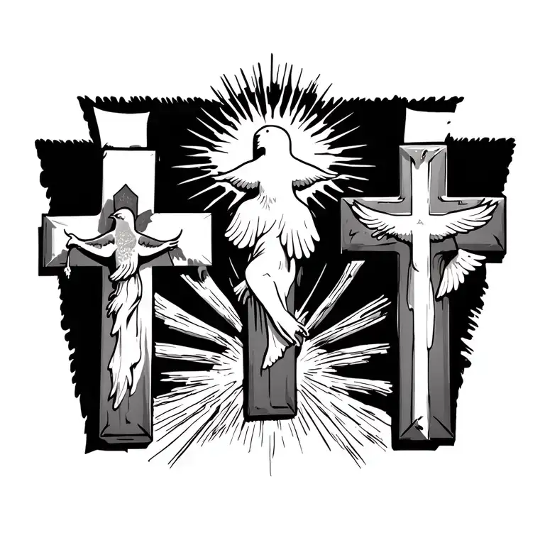 3 gothic crosses with matthew 23:12 with 2 doves and a sunrise in the back  tattoo design idea