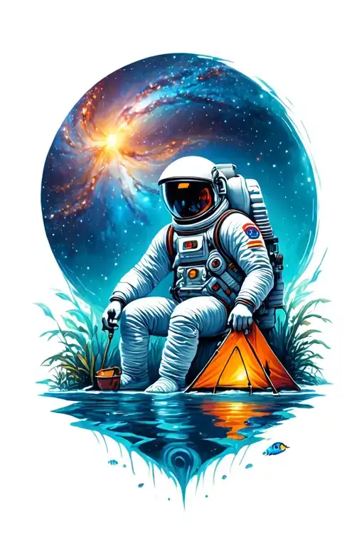 Man Camping Galaxy and Aquatic Life with Astronaut tattoo design idea