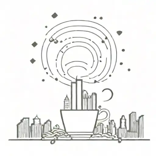 An abstract minimalist design of a sunrise over a city skyline, with coffee beans scattered throughout, symbolizing the engineer's love for coffee and urban landscapes tattoo design idea