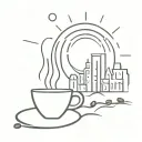 An abstract minimalist design of a sunrise over a city skyline, with coffee beans scattered throughout, symbolizing the engineer's love for coffee and urban landscapes tattoo design idea