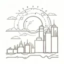An abstract minimalist design of a sunrise over a city skyline, with coffee beans scattered throughout, symbolizing the engineer's love for coffee and urban landscapes tattoo design idea