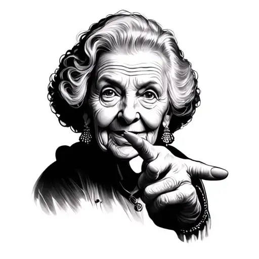 old lady pointing her finger tattoo design idea