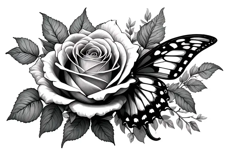 Rose And Butterfly emerging tattoo design idea