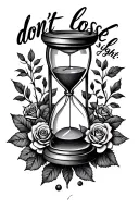 "dont lose sight" quote "dont lose sight" with an hour glass and roses tattoo design idea