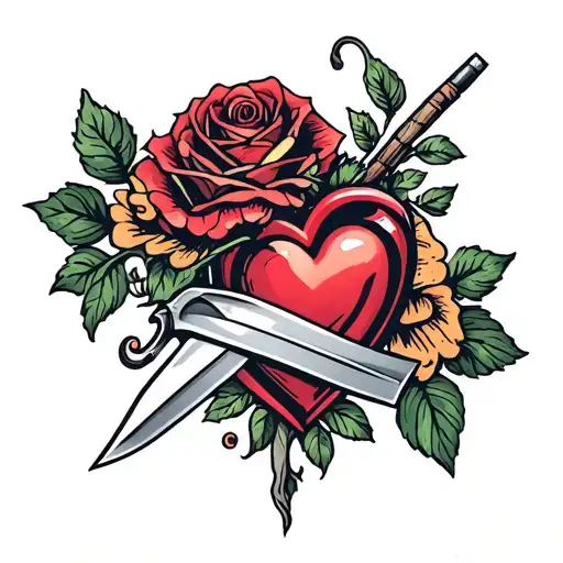 A bold traditional American tattoo design featuring a heart pierced by a dagger, surrounded by a vibrant rose and a maje tattoo design idea