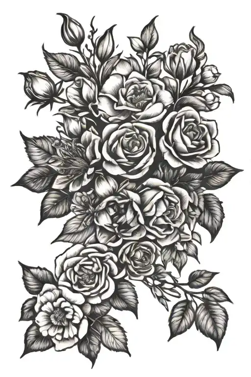 birth month flower bouquet tattoo design featuring january, february, may, july, august and september  tattoo design idea