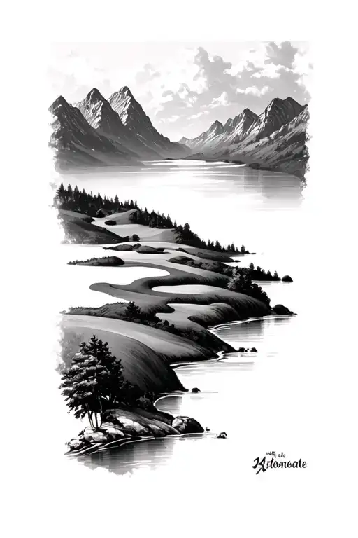 mountains river flowing golf course landscape tattoo design idea