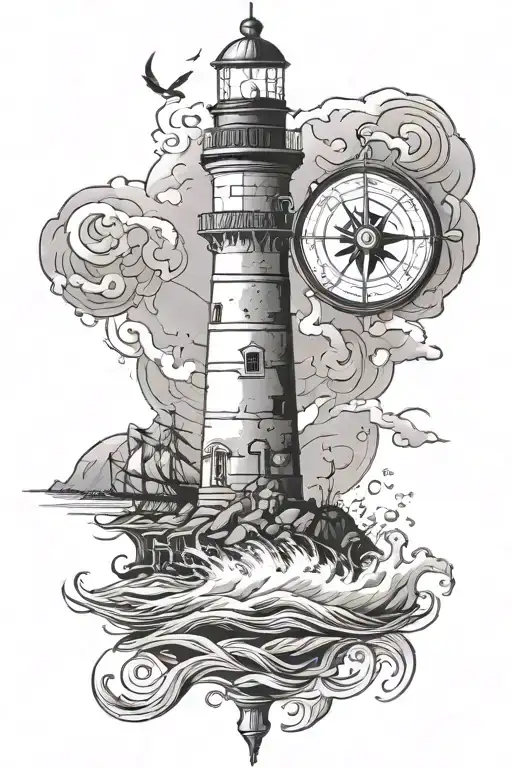 Lighthouse stormy condition, Compass rose, Isiah 57:1 Bible verse tattoo design idea