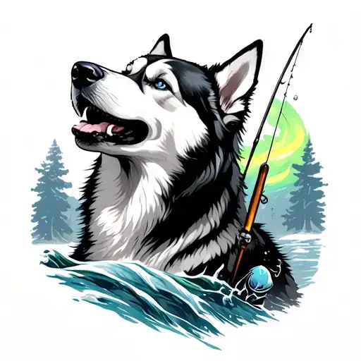 Siberian husky howling with northern lights and fishing element can you make it an arm sleeve tattoo design idea