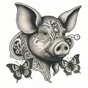 a penny a pig and a butterfly tattoo design idea