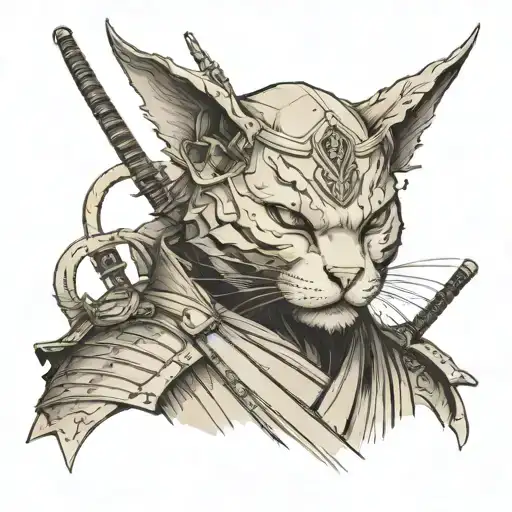 bald cat samurai tattoo design idea