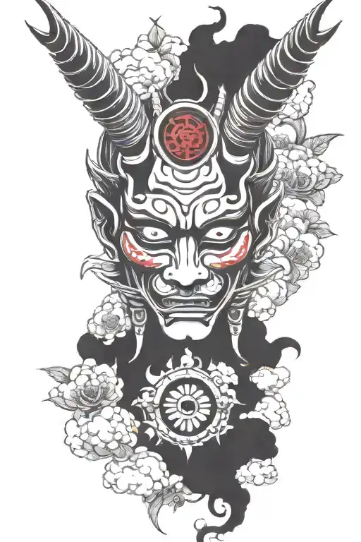hannya mask with sharingan eye with cloud background tattoo design idea