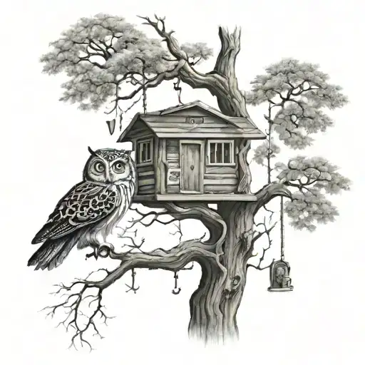 a tree with two swings and an owl tattoo design idea