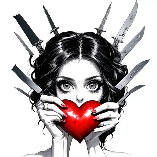 female with hollow eyes holding heart with knives tattoo design idea